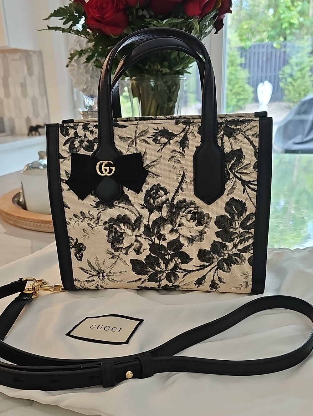 Gucci Black & Cream Floral Canvas Mini Satchel with Bow and GG